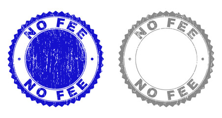 Grunge NO FEE stamp seals isolated on a white background. Rosette seals with grunge texture in blue and gray colors. Vector rubber stamp imprint of NO FEE title inside round rosette.