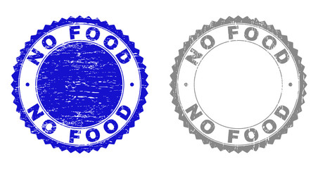 Grunge NO FOOD stamp seals isolated on a white background. Rosette seals with grunge texture in blue and grey colors. Vector rubber stamp imitation of NO FOOD label inside round rosette.