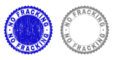 Grunge NO FRACKING stamp seals isolated on a white background. Rosette seals with grunge texture in blue and gray colors. Vector rubber watermark of NO FRACKING caption inside round rosette.
