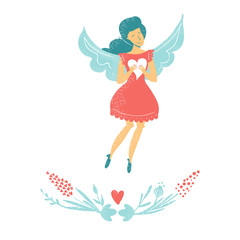 Girl angel character holds the heart. Flat style illustration. Valentine's day greeting card. Wedding or bridal