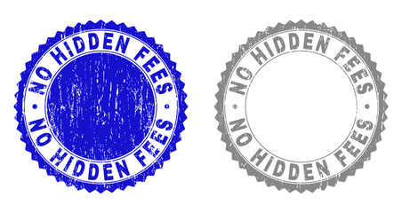 Grunge NO HIDDEN FEES watermarks isolated on a white background. Rosette seals with grunge texture in blue and gray colors. Vector rubber stamp imprint of NO HIDDEN FEES tag inside round rosette.