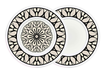 Matching decorative plates for interior designwith floral art deco pattern. Empty dish, porcelain plate mock up design. Vector illustration. White, grey color