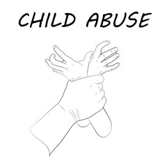 Child abuse. Violence against children. Thin line design vector illustration. Man's hand holding kid's hands. White background.