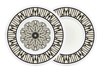 Matching decorative plates for interior designwith floral art deco pattern. Empty dish, porcelain plate mock up design. Vector illustration. White, grey color