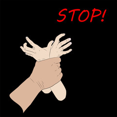Stop poster. Violence against children. Flat design vector illustration. Man's hand holding kid's hands. Black background.