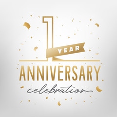 Obraz premium First anniversary celebration golden template. Vector illustration.