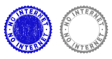 Grunge NO INTERNET stamp seals isolated on a white background. Rosette seals with distress texture in blue and gray colors. Vector rubber stamp imitation of NO INTERNET label inside round rosette.