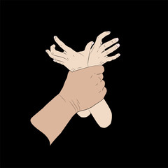 Violence against children. Flat design vector illustration. Man's hand holding kid's hands. Black background.