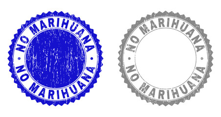 Grunge NO MARIHUANA stamp seals isolated on a white background. Rosette seals with distress texture in blue and grey colors. Vector rubber stamp imitation of NO MARIHUANA text inside round rosette.