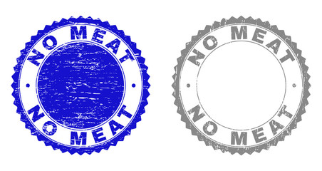 Grunge NO MEAT stamp seals isolated on a white background. Rosette seals with distress texture in blue and gray colors. Vector rubber watermark of NO MEAT label inside round rosette.