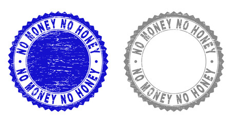 Grunge NO MONEY NO HONEY stamp seals isolated on a white background. Rosette seals with grunge texture in blue and grey colors. Vector rubber watermark of NO MONEY NO HONEY title inside round rosette.