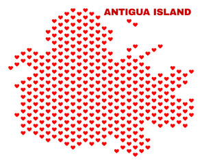 Mosaic Antigua Island map of valentine hearts in red color isolated on a white background. Regular red heart pattern in shape of Antigua Island map. Abstract design for Valentine decoration.