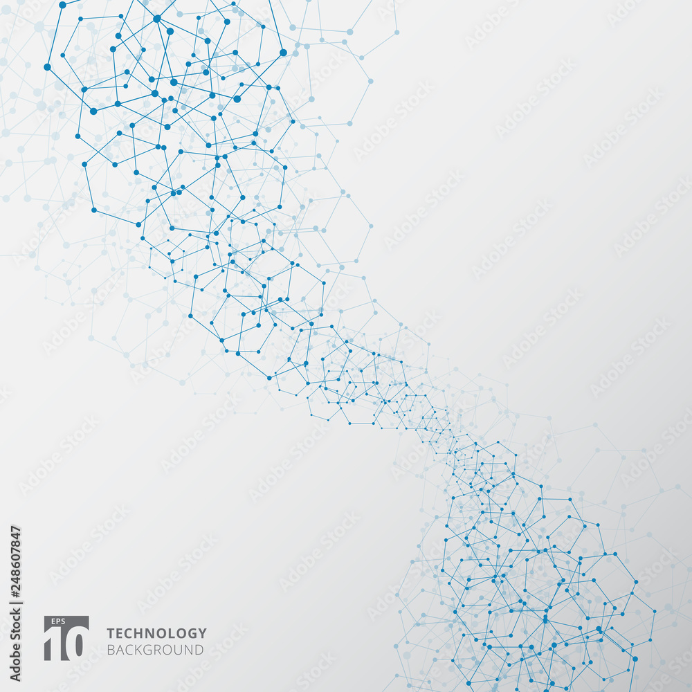 Poster abstract blue hexagons with nodes technology connection structure elements on white background