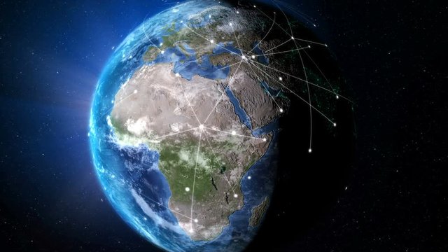 3D Rendering globe with network line spinning and orbit in the universe with lighting effect and dark grain processed world map image source from NASA  - Powered by Adobe