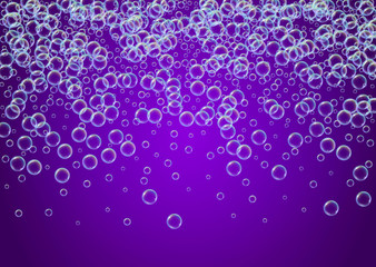 Cleaning foam. Soap bubble. Detergent suds for bath. Shampoo. Multicolor spray and splash. Realistic water frame and border. 3d vector illustration layout. Purple colorful liquid cleaning foam.