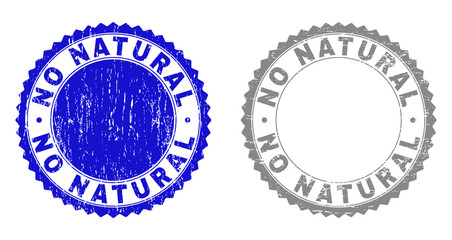 Grunge NO NATURAL stamp seals isolated on a white background. Rosette seals with grunge texture in blue and gray colors. Vector rubber watermark of NO NATURAL text inside round rosette.