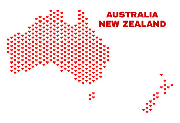 Mosaic Australia and New Zealand map of love hearts in red color isolated on a white background. Regular red heart pattern in shape of Australia and New Zealand map.