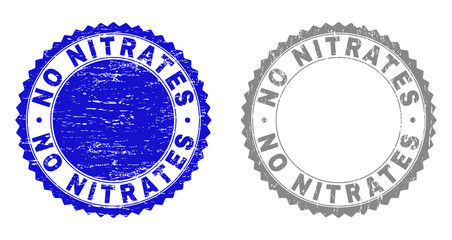Grunge NO NITRATES stamp seals isolated on a white background. Rosette seals with grunge texture in blue and grey colors. Vector rubber stamp imitation of NO NITRATES title inside round rosette.