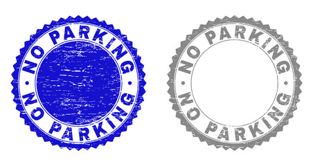 Obraz premium Grunge NO PARKING stamp seals isolated on a white background. Rosette seals with grunge texture in blue and grey colors. Vector rubber stamp imitation of NO PARKING title inside round rosette.