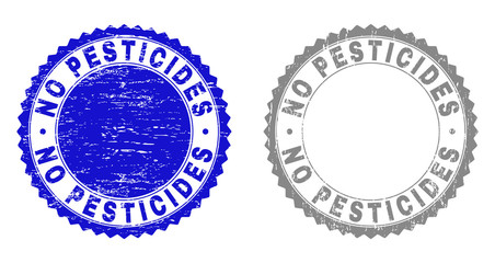 Grunge NO PESTICIDES watermarks isolated on a white background. Rosette seals with grunge texture in blue and grey colors. Vector rubber stamp imitation of NO PESTICIDES title inside round rosette.