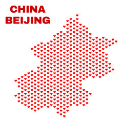 Mosaic Beijing City map of valentine hearts in red color isolated on a white background. Regular red heart pattern in shape of Beijing City map. Abstract design for Valentine illustrations.