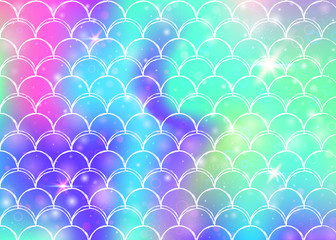 Kawaii mermaid background with princess rainbow scales pattern. Fish tail banner with magic sparkles and stars. Sea fantasy invitation for girlie party. Retro kawaii mermaid backdrop.