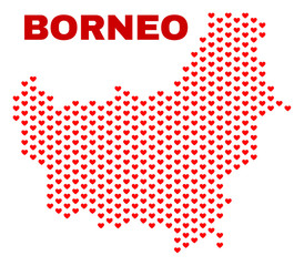 Fototapeta premium Mosaic Borneo map of love hearts in red color isolated on a white background. Regular red heart pattern in shape of Borneo map. Abstract design for Valentine decoration.