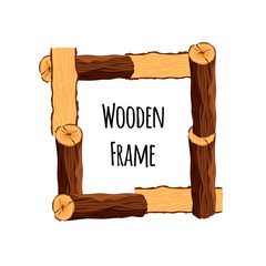 Wooden frame of tree logs isolated on white background. Square timbered border with place for text - flat vector illustration