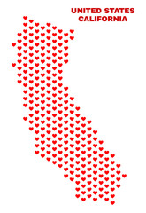 Mosaic California State map of valentine hearts in red color isolated on a white background. Regular red heart pattern in shape of California State map. Abstract design for Valentine illustrations.