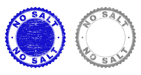 Grunge NO SALT stamp seals isolated on a white background. Rosette seals with grunge texture in blue and gray colors. Vector rubber stamp imprint of NO SALT label inside round rosette.