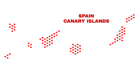 Mosaic Canary Islands map of love hearts in red color isolated on a white background. Regular red heart pattern in shape of Canary Islands map. Abstract design for Valentine illustrations.