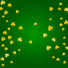 Saint patricks day background with shamrock. Lucky trefoil confetti. Glitter frame of clover leaves. Template for special business offer, banner, flyer. Festal saint patricks day backdrop.