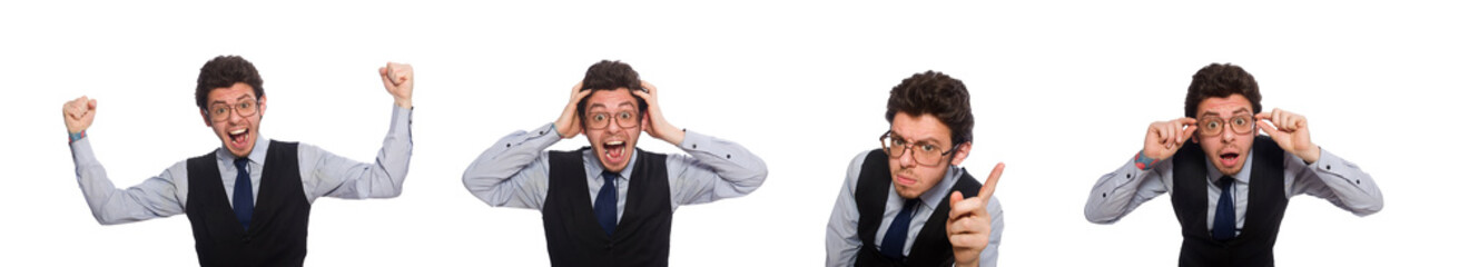 Young businessman in funny concept on white