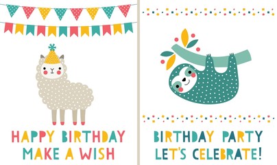 Birthday  greeting cards set, cute sloth and lama © lattesmile