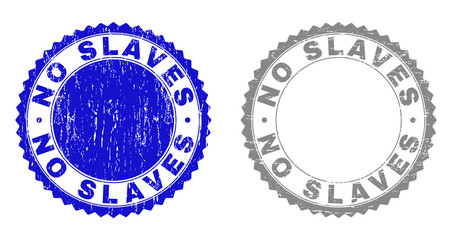 Grunge NO SLAVES stamp seals isolated on a white background. Rosette seals with grunge texture in blue and gray colors. Vector rubber stamp imitation of NO SLAVES label inside round rosette.