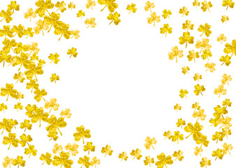 Saint patricks day background with shamrock. Lucky trefoil confetti. Glitter frame of clover leaves. Template for poster, gift certificate, banner. Holiday saint patricks day backdrop.