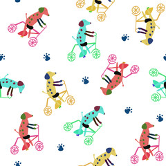 Children's seamless pattern with funny dogs on the bicycle.