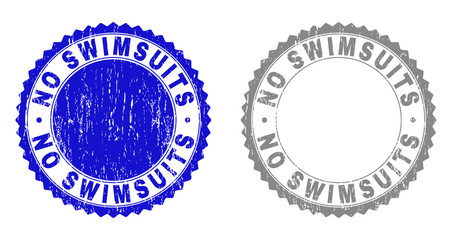 Grunge NO SWIMSUITS stamp seals isolated on a white background. Rosette seals with distress texture in blue and grey colors. Vector rubber stamp imitation of NO SWIMSUITS caption inside round rosette.