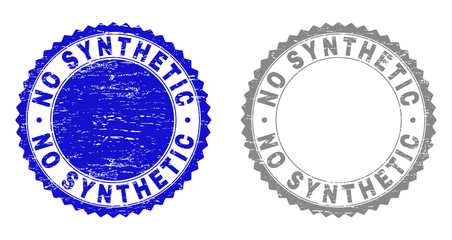 Grunge NO SYNTHETIC stamp seals isolated on a white background. Rosette seals with distress texture in blue and gray colors. Vector rubber stamp imitation of NO SYNTHETIC text inside round rosette.