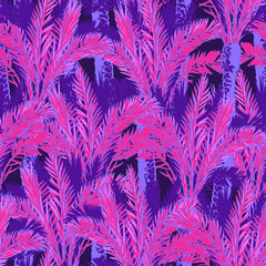 Phoenix palm trees on a deep purple background. Tropical jungle. Seamless pattern with Irregular distribution of elements. Trendy 2019 colors. EPS10 vector illustration.