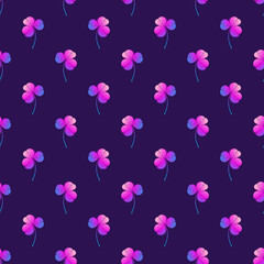 St. Patrick's day festive seamless pattern with evenly spread clover leaves on white background. Trendy colors. EPS10 vector illustration.