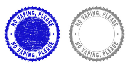 Grunge NO VAPING, PLEASE stamp seals isolated on a white background. Rosette seals with grunge texture in blue and gray colors. Vector rubber overlay of NO VAPING, PLEASE caption inside round rosette.