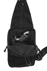 tactical shoulder with a gun inside the bag on a white