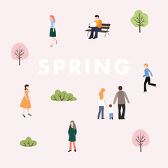 Public park with trees and people walking, doing sport and playing. Men, women and family relaxing. Spring concept. Modern flat design, vector illustration background.