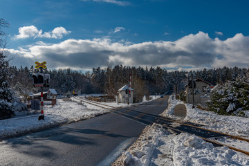 Vrabce station in south Bohemia with snow and sun