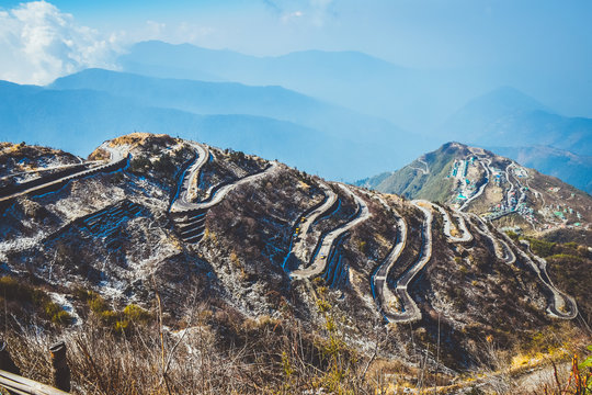 Zuluk hilltop the transit point of Silk Route. The road makes 32 hairpin turns. Located on rugged terrain of lower Himalaya in Sikkim. Historic Silk Route from Tibet to India and offbeat destination.