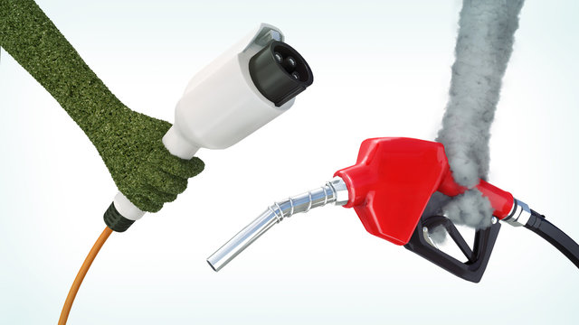 3d illustration of diesel vs electric concept