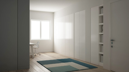 Small apartment, one-room with parquet floor, home workplace with corner desk in white living room, office in minimalist style, modern architecture interior design concept