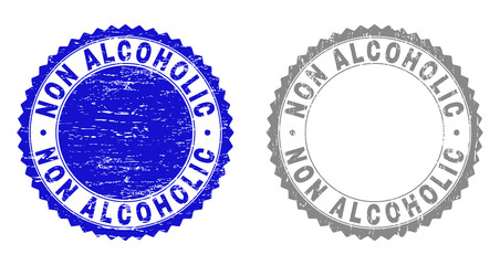 Grunge NON ALCOHOLIC stamp seals isolated on a white background. Rosette seals with grunge texture in blue and gray colors. Vector rubber stamp imitation of NON ALCOHOLIC label inside round rosette.