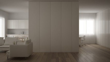 Small apartment, one-room with parquet floor, home workplace with corner desk in white living room, office in minimalist style, modern architecture interior design concept
